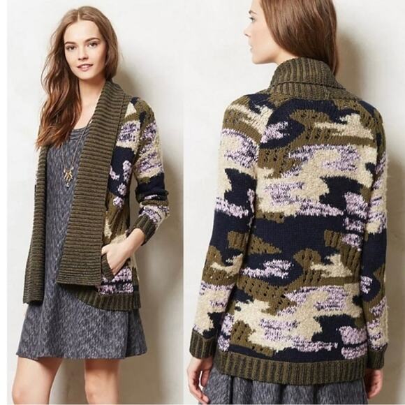 Anthropologie Sleeping on Snow Camo Print Cardigan Sweater Green Cream Cozy XS - Picture 2 of 16